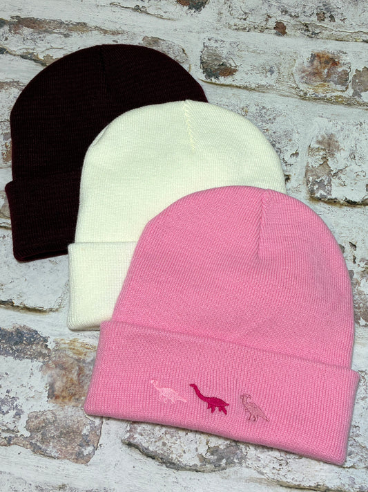 Embroidered miniature dinosaur trio Beanie