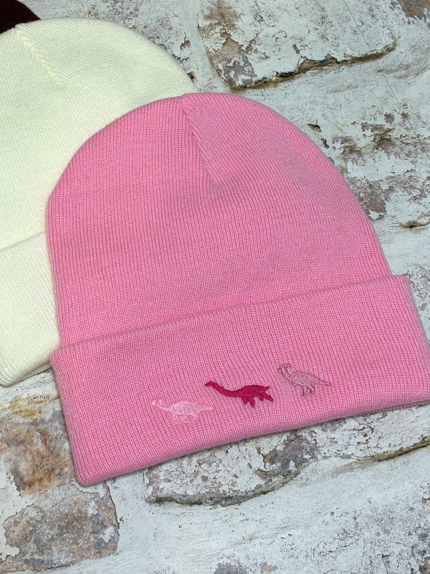 Embroidered miniature dinosaur trio Beanie