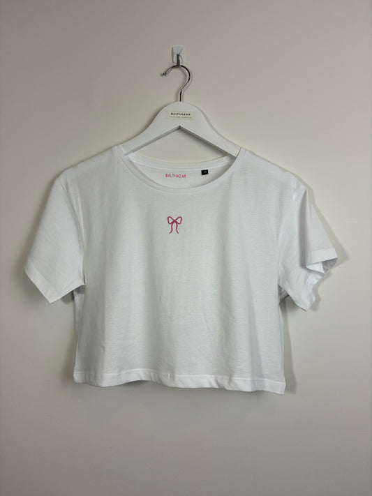 Embroidered miniature Bow crop tee - customisable