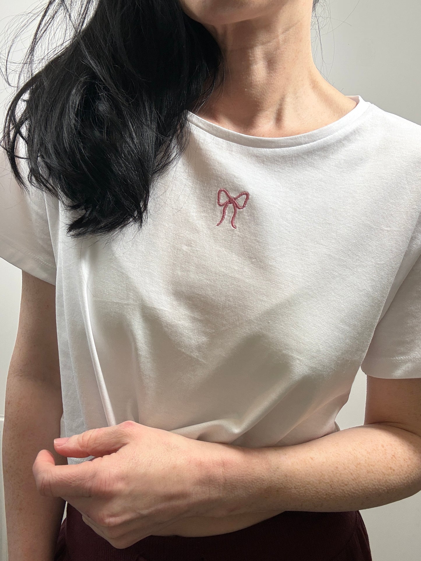 Embroidered miniature Bow crop tee - customisable