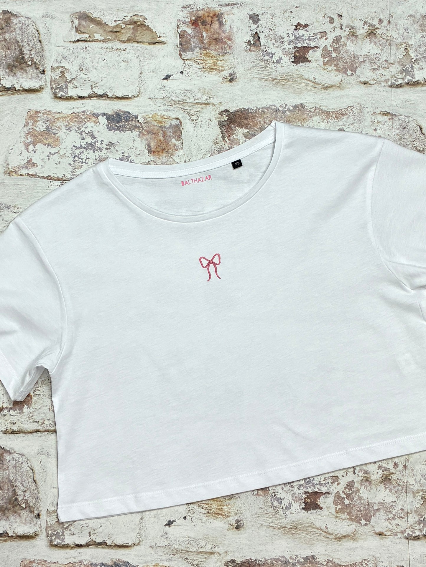 Embroidered miniature Bow crop tee - customisable
