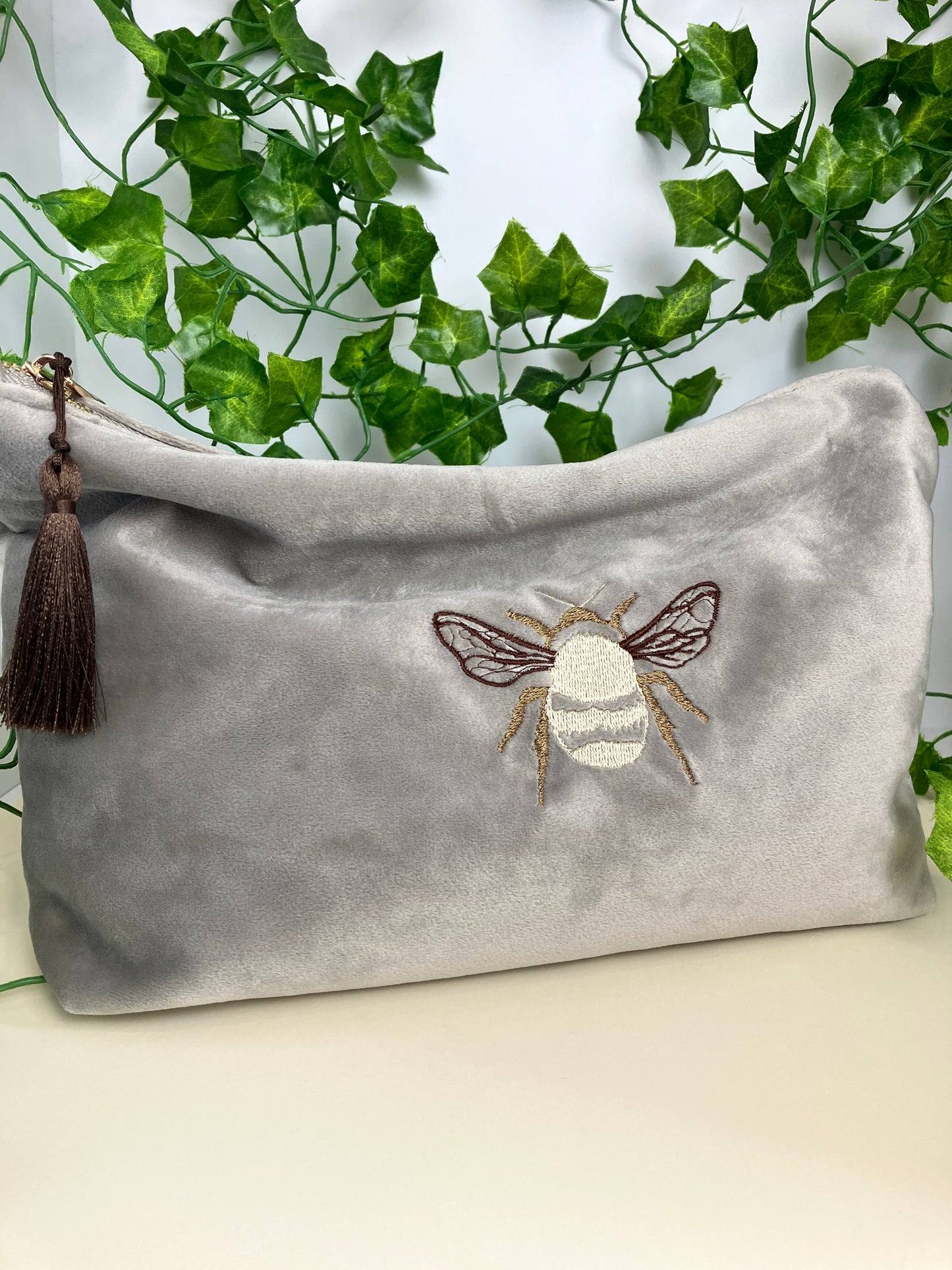 Embroidered Bee Cosmetic Bag - Faux Velvet - customisable