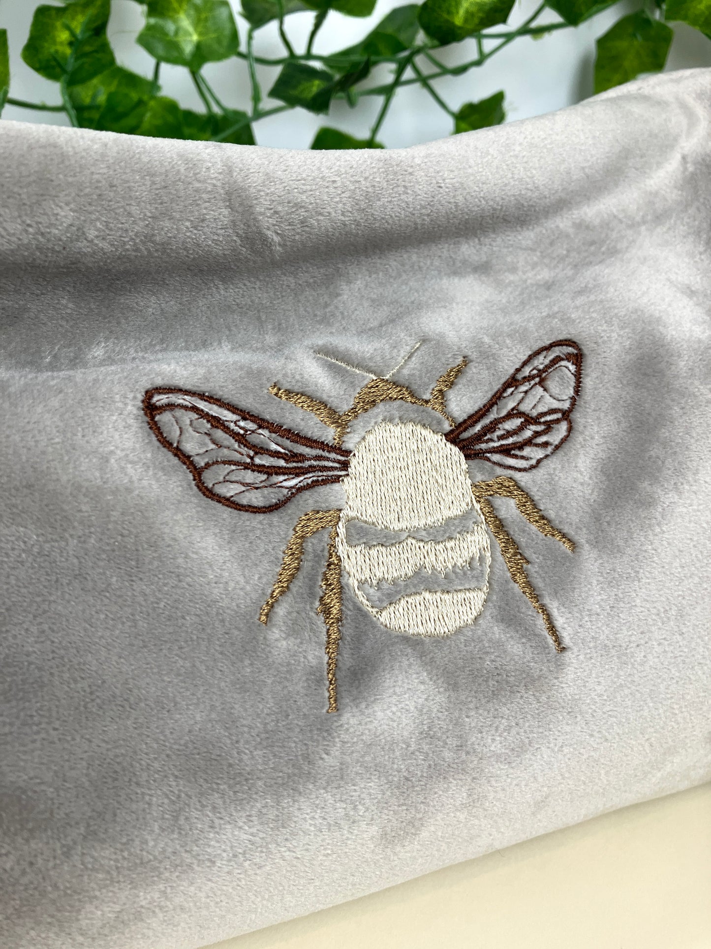 Embroidered Bee Cosmetic Bag - Faux Velvet - customisable