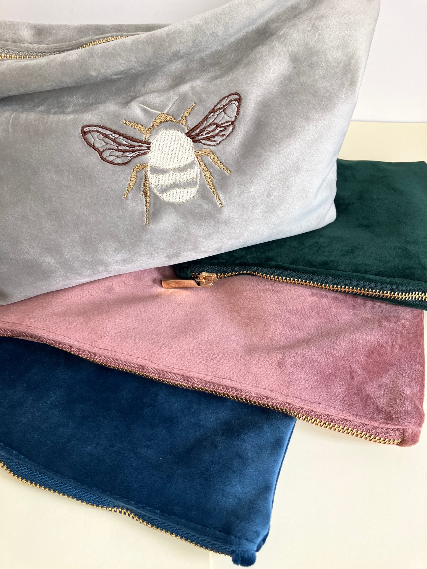 Embroidered Bee Cosmetic Bag - Faux Velvet - customisable