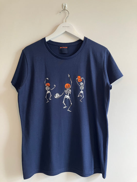 Dancing pumpkin headed skeleton t-shirt