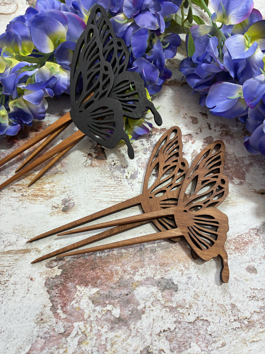 Decorative Butterfly hair pins - set of two - walnut wood