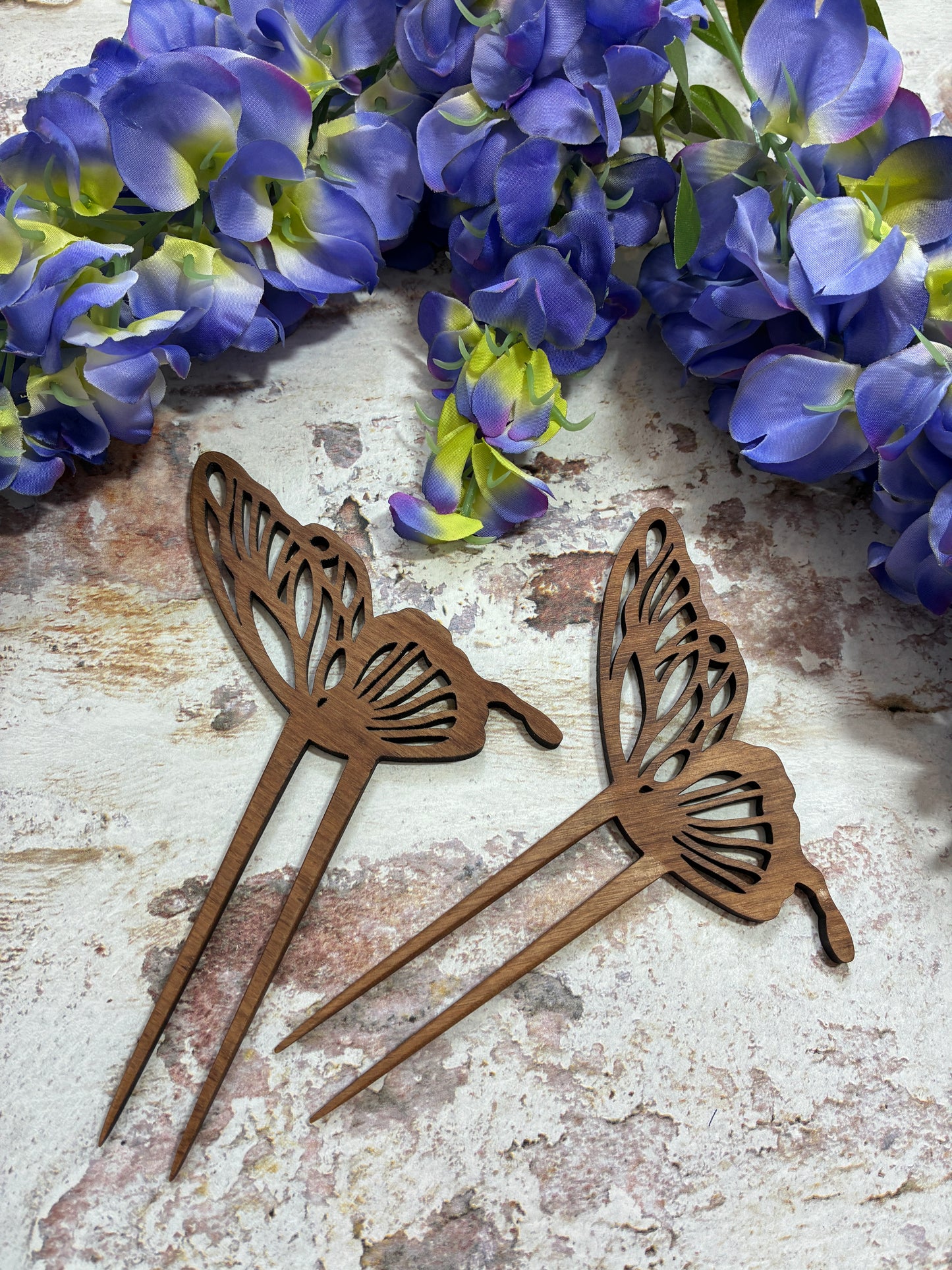 Decorative Butterfly hair pins - set of two - walnut wood