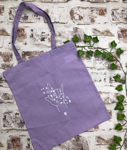 Love and Hearts sign language tote bag