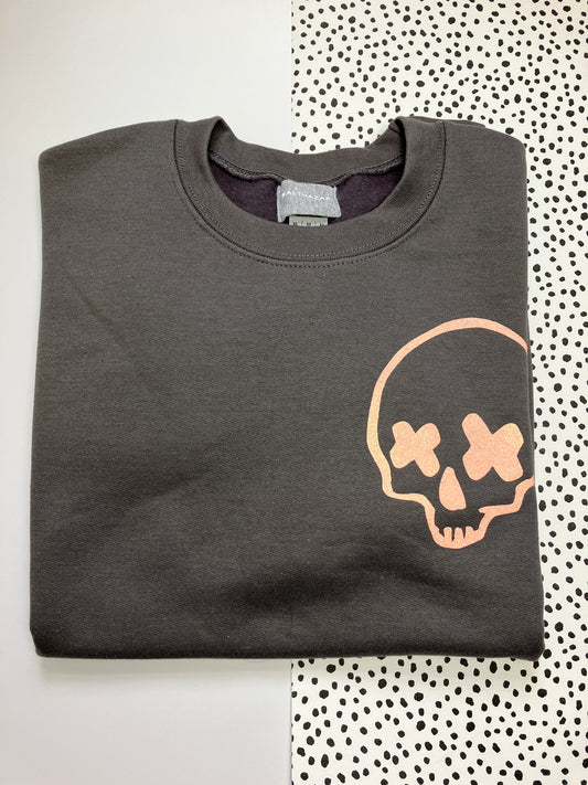 Cross eyed skull sweatshirt - Truffle grey with peach glitter- unisex medium