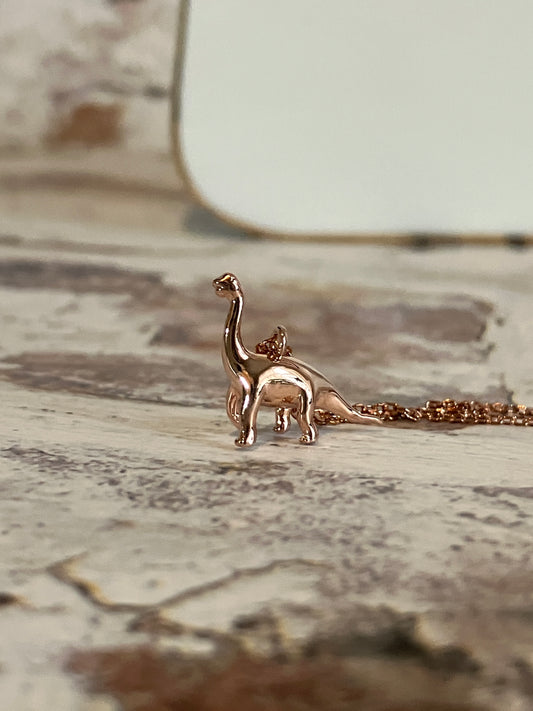 Rose Gold Diplodocus necklace - Micro dinosaur